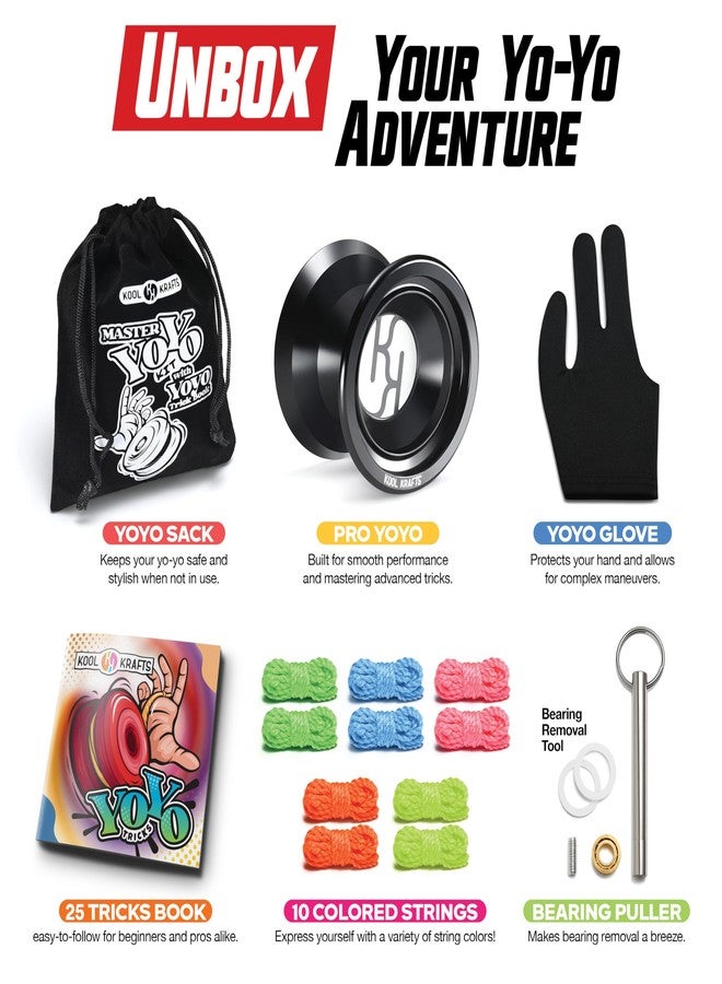 KOOL KRAFTS Professional Responsive Yoyo Kit, Premium Alloy Yo-Yo for Kids and Beginners with Easy-to-Follow Top 25 Tricks Book, Yoyo Glove, Storage Sack, 10 Colored Strings, and Bearing Tool, Great Gift for Boy. - Image 2